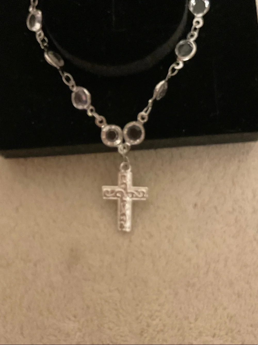 Silver Cross Charm Bracelet with Gray Gem Accents - Women Jewelry